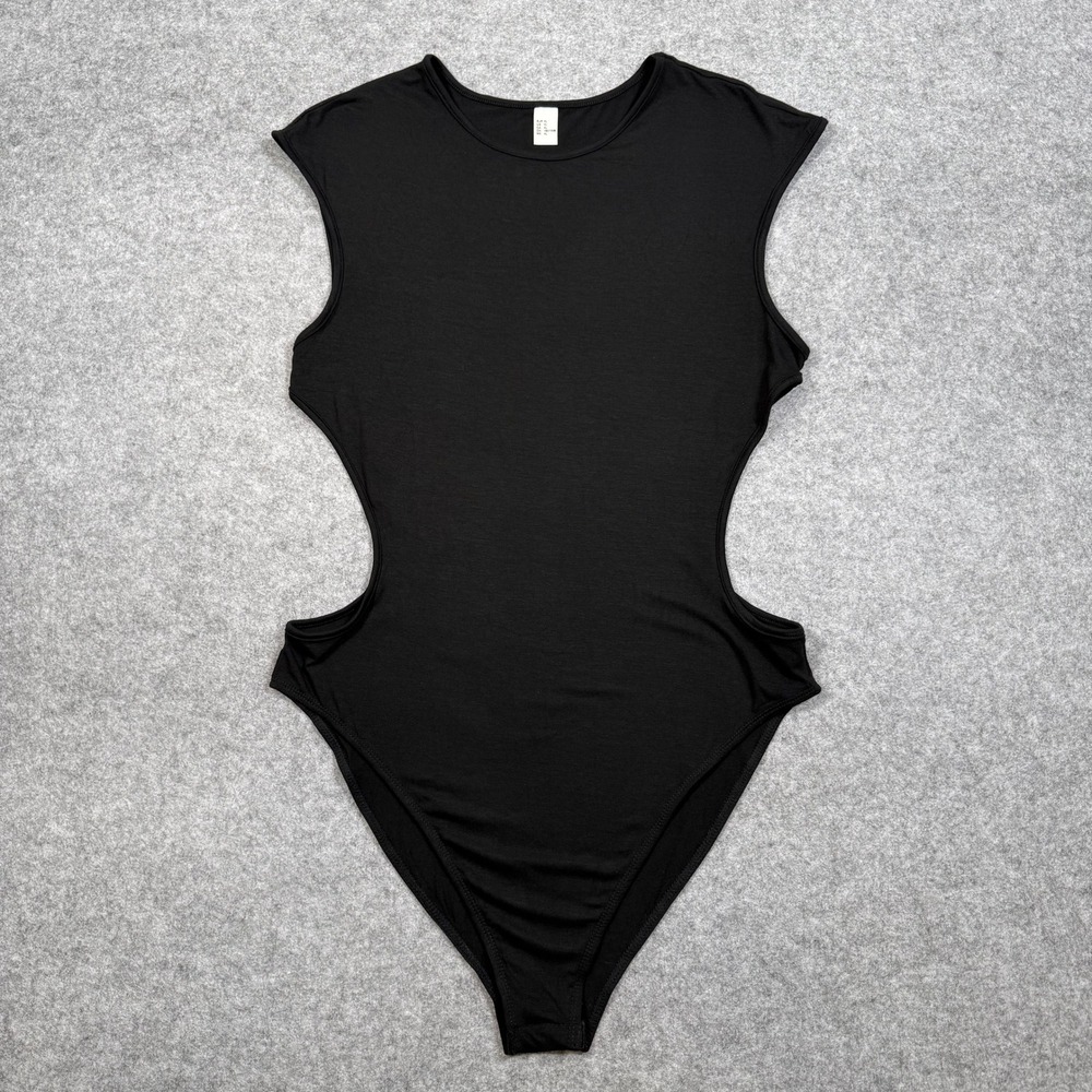 Black Cutout Sleeveless Bodice Crew Neck High Cut Bodysuit XL - Picture 3 of 9